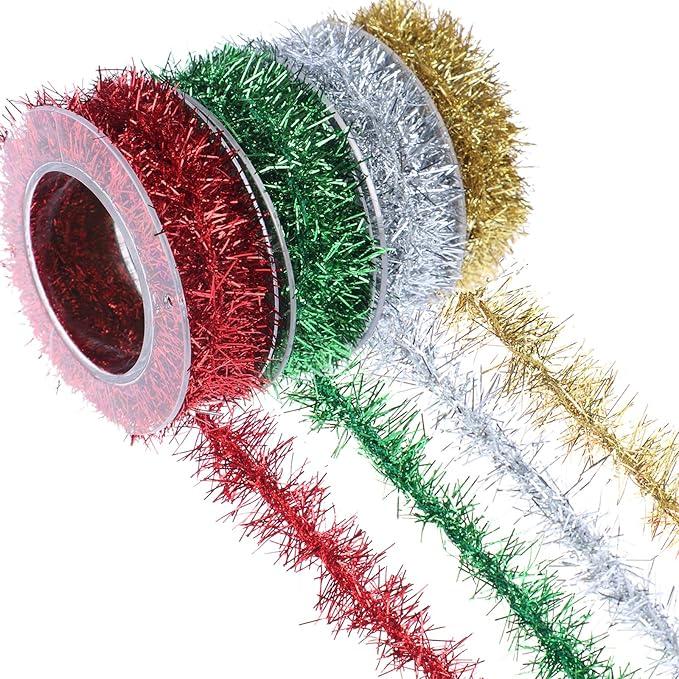 Eshylala 4 Rolls Mini Tinsel Garland Christmas Tree Decorations Glitter Ribbon Assorted Metallic Garland for Wedding Birthday Party Supplies