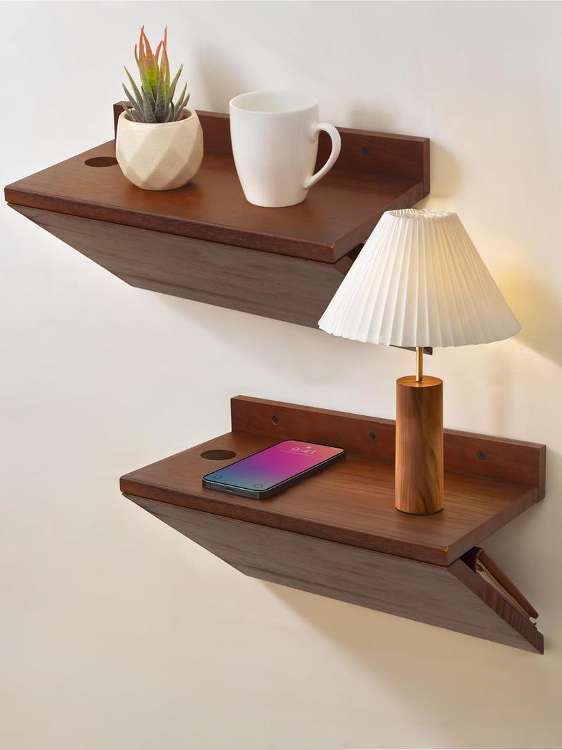 Floating Nightstand, Walnut Wood Floating Bedside Table Z-Shape Wall Mounted Nightstand Small Hanging Night Stands for Bedroom (2, Walnut) (Walnut2)