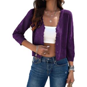 Kate Kasin Women's Cropped Cardigan Sweaters Trendy Lightweight 3/4 Sleeve Button Down Crochet Textured Shrugs Top (Medium, Eggplant)