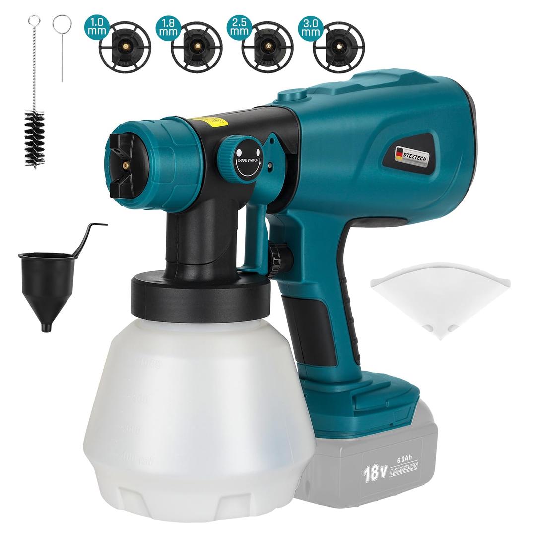 DTEZTECH Paint Sprayer for Makita 18V Battery(Battery Not Included), 200W Cordless HVLP Spray Gun with 4 Copper Nozzles & 3 Patterns. High Power Electric Painter for Furniture, Cabinets, Fence, House