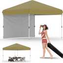 GarveeLife 10x10 Pop Up Canopy with One Sidewalls Easy Up Camping Tent with One Button Push Setup 1 Roller Bag 3 Adjustable Height 4 Weight Bags (Khaki)