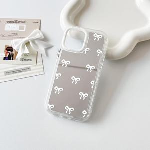 NITITOP Compatible with iPhone 14 Pro Case Cute Mirror Bowknot Ribbon Pattern for Women Girls Ultra Slim with Bumper Protector Soft TPU Silver Protective Cover - White