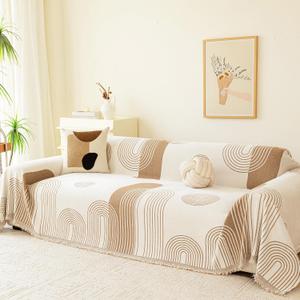 Boho Oversized Couch Sofa Cover for 3-4 Cushion Sectional Sofa L-Shape -Washable Chenille Couch Cover for Dogs Pets, Khaki Couch Cover Protector Soft Sofa Slipcovers with Tassel,91"x 150"