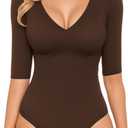 MANGOPOP Women's V Neck Half Sleeve Bodysuit 3/4 Sleeve Slim Fitted Body Suit Sexy Going Out Shirts Tops (Coffee), Size Small