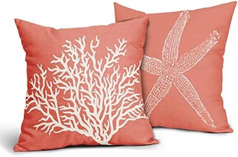 Coastal Coral Throw Pillow Covers 16x16 Inch Set of 2 Starfish Beach Nautical Pillow Covers Summer Farmhouse Pillowscase Linen Square Cushion Covers for Sofa Couch Bedroom Living Room Home Decoration