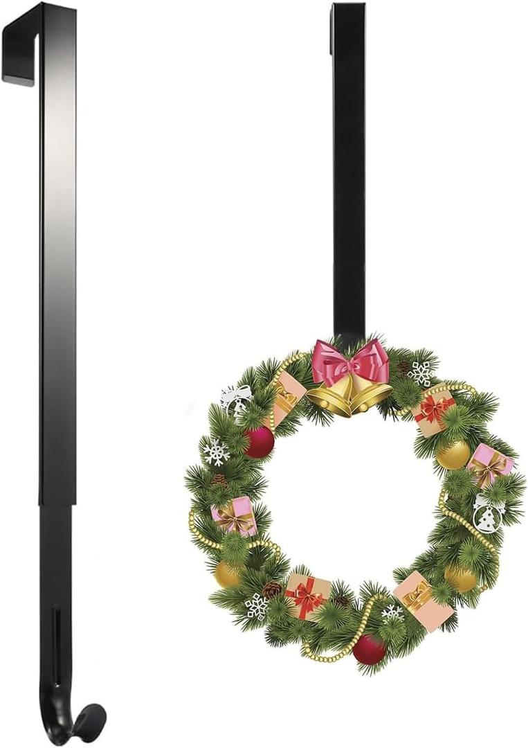 Linwnil Wreath Hanger Adjustable Length from 14 to 26 Inches Wreaths Holder Hook 20LB Heavy Duty for Front Door for Christmas Easter Halloween Decorations Wreath (Black 1pcs, 1)