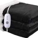 Heated Blanket Electric Throw Size 50''x60'' with 5 Heating Levels, 3 Hour Auto Shut Off, Machine Washable, Flannel & Sherpa Double-Sided Soft Warming Blanket for Couch, Bed, Office - Black