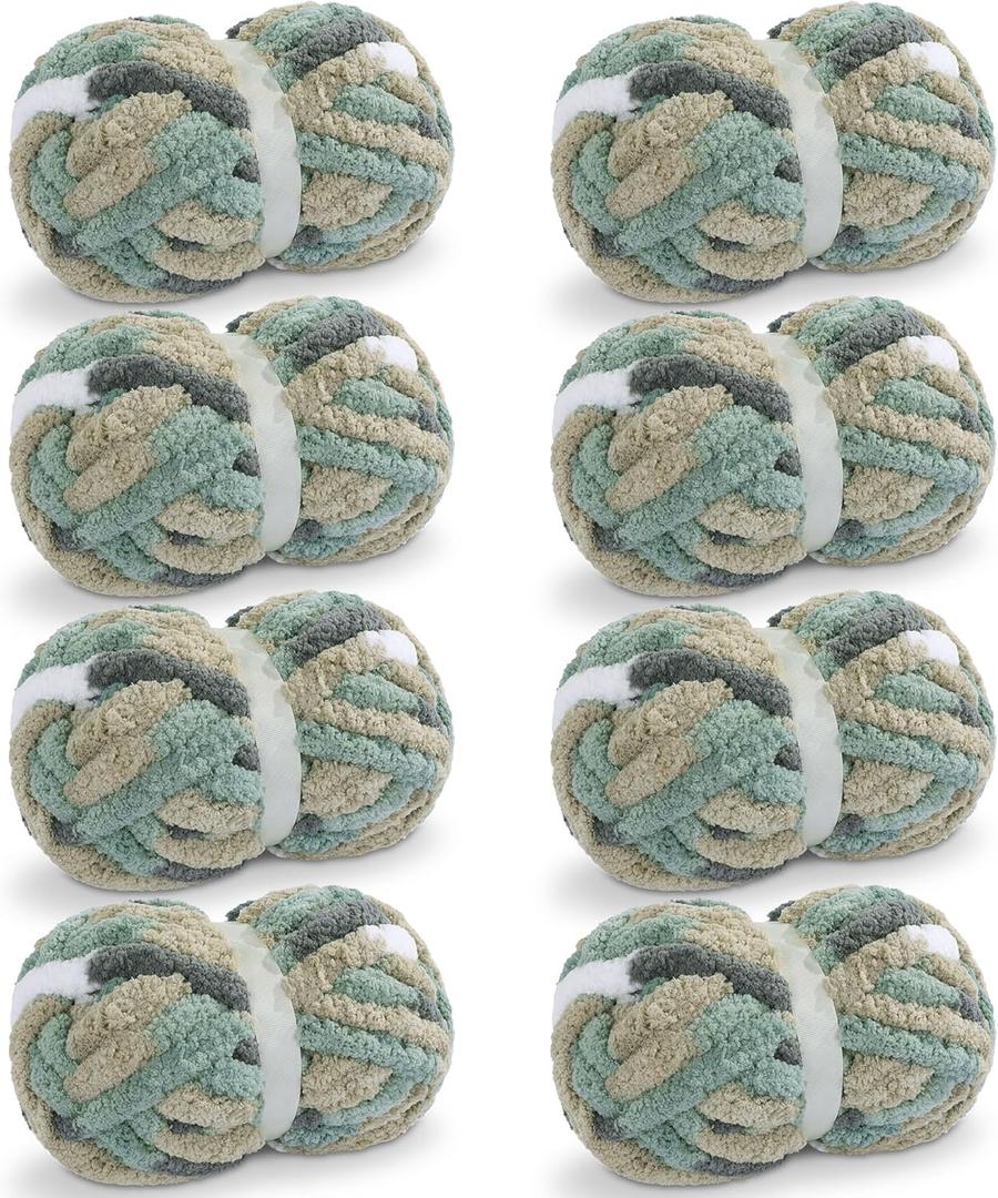 Maboozo Tie Dye Chunky Yarn 8 Pack, Grey, Green, White Fluffy Jumbo Chenille, Soft Plush Bulky, Giant Thick Fuzzy Yarn for Crocheting, Hand Knitting or Arm Knitting (26 yds, 7.5 oz Each)