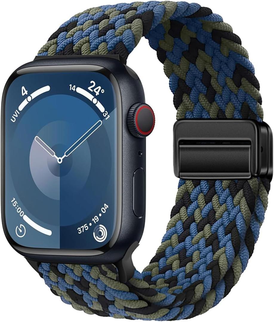 Sport Solo Loop Compatible with Apple Watch Band 41mm 40mm 38mm Women Men,Adjustable Magnetic Stretchy Nylon Braided Wristband for iWatch Series 9 8 7 SE SE2 6 5 4 3 2 1 Band,Blue Camouflage