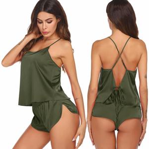 Ekouaer Silk Pajamas Set for Women Satin Backless Lingerie Pjs Cami Top and Shorts Nightwear (Large, Green)