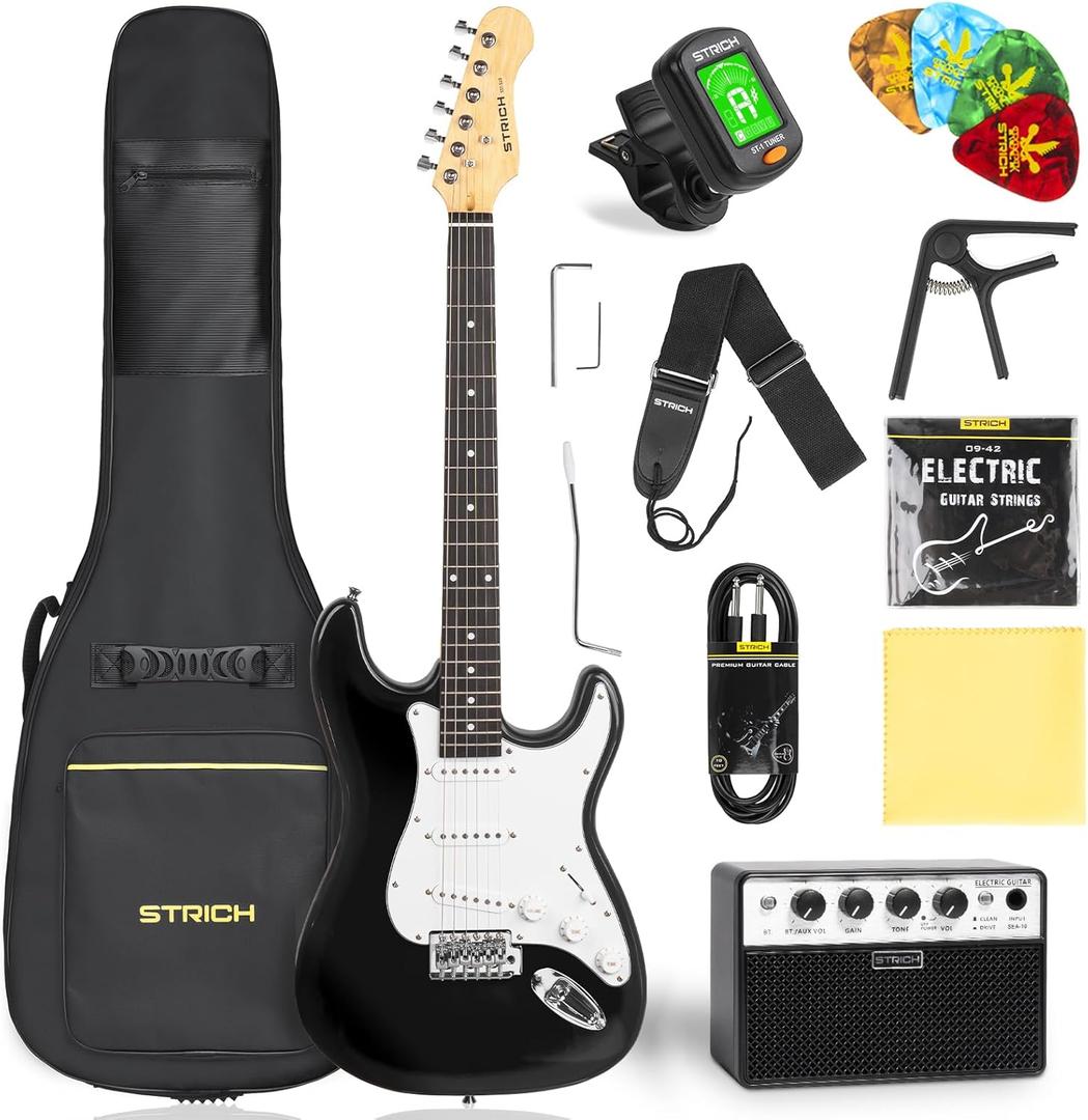 STRICH Electric Guitar Beginner Kit, Solid Body 39" Full Size Electric Guitar SSS Pick Up for Starter, with 5W x 2 Amp, Bag, Digital Tuner, Capo, Strap, String,Cable, Picks, SST-S10 Black