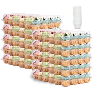 (24 Pack x 10 Sets) Stackable Cupcake Carrier Holders with 240 Pack Cupcake Liners, Plastic Cupcake Boxes Holders for 24 Cupcakes, Clear Cupcake Trays, High Tall Dome Lid Cupcake Containers