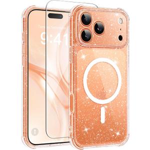 BERFY for iPhone 17 Pro Max Case for Women, Compatible with MagSafe, Clear Glitter Shockproof Protective Case, Anti-Yellowing, with Screen Protector & 3 Diamond Camera Lens Covers 6.9", Sparkle Clear