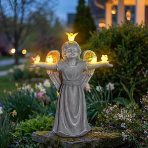 Angel Garden Statue with 5 Birds Solar Lights, Resin Cherub Figurine Outdoor Decor for Garden Porch Yard, Gift for Women, Teacher, Mother, Birthday Housewarming