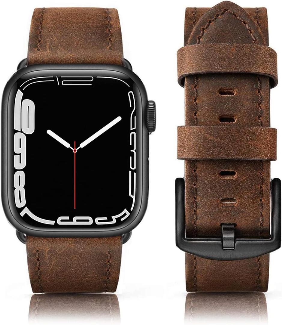 Leather Band Compatible with Apple Watch Bands 46mm 45mm 44mm 42mm (Series 1/2/3) Men Women, Vintage Genuine Leather Replacement Wristband for iWatch Series 10 9 8 7 6 5 4 3 2 1 SE Retro Walnut