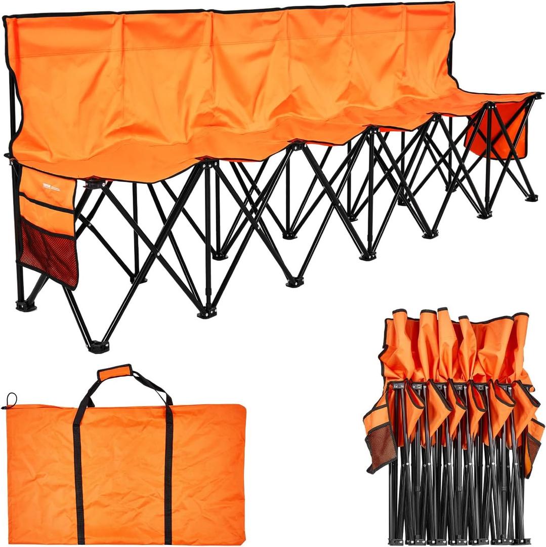 VEVOR Portable Folding Bench, 6 Seat Foldable Soccer Bench with Side Pockets and Carrying Bag, Lightweight Sideline Seating with Back Rest for Football, Baseball, Camping, Outdoor Events, Orange
