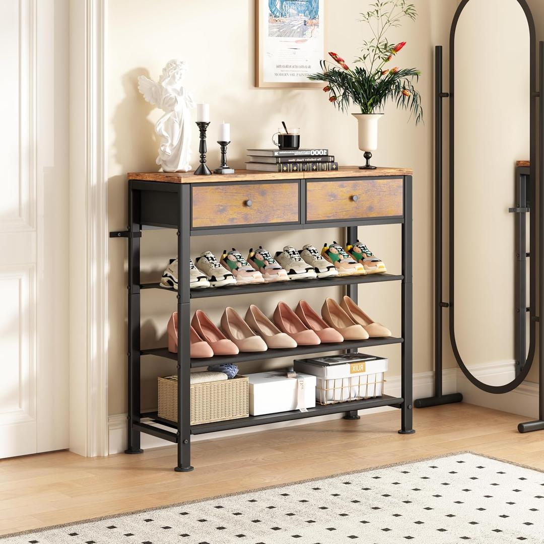 Kitstorack Shoe Rack, 4 Tier Shoe Organizer for 9-12 Pairs of Shoes, with 2 Drawers, 3 Fabric Shelves and Wooden Top, Shoe Rack for Closet Entryway, Rustic Brown