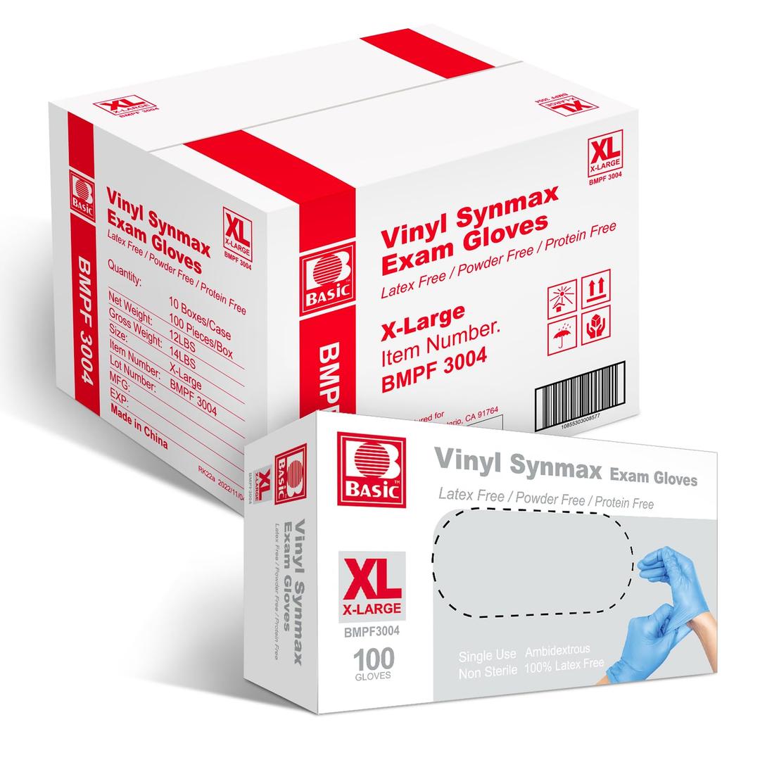 Medical Synmax Vinyl Exam Gloves - Latex-Free & Powder-Free Disposable Glove - X-Large, BMPF-3004(1000 Pcs)