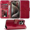 Arae Compatible with iPhone 15 Pro Case with Card Holder and Wrist Strap Wallet Flip Cover for iPhone 15 Pro 6.1 inch, Burgundy Red