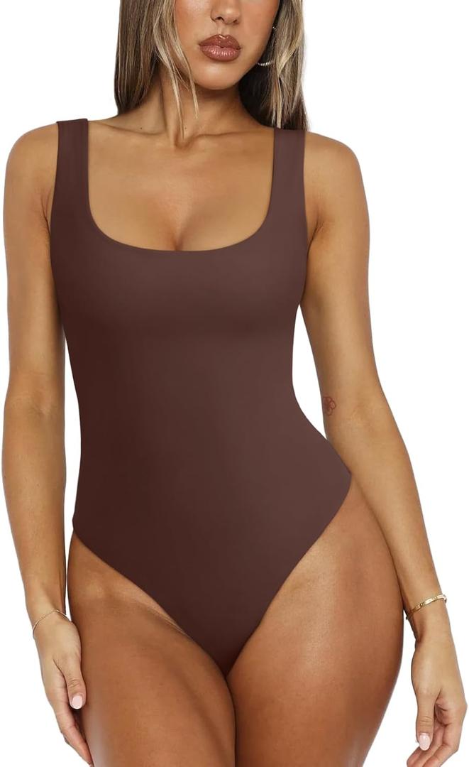 REORIA Women's Sexy Scoop Neck Sleeveless Bodysuit Backless Double Lined Tank Tops (Coffee) XL