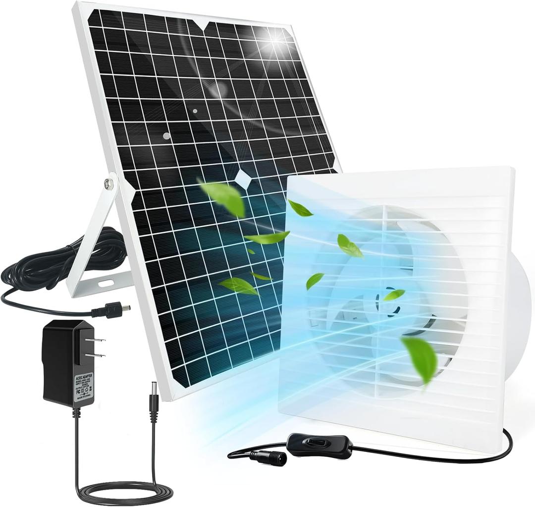 Solar Powered Fan, 9.1" Solar Exhaust Fan Kit, 25W Waterproof Chicken Coop Fans with 14.8Ft On/Off Switch Cable & Power Adapter, Cooling Ventilation for Greenhouse, Shed, Outside, Garages, Dog House