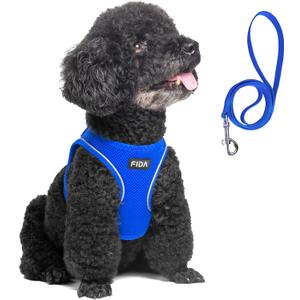 Fida Comfy Dog Harness with Leash, Soft Puppy Vest Escape Proof, Breathable Lightweight Soft Mesh, Adjustable Reflective Step-in Harness for Small & Medium Pet Walking (M, Blue) (M (Neck:13.8"-15.4"; Girth:17.7"-19.7"))