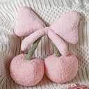 Beeveer Small Bow Cherry Throw Pillow Wool Cute Coquette Room Decor Decorative Throw Pillows Aesthetic Room Decor Bowknot Shaped Plush Cushions for Valentines Day Bedroom Sofa Couch(Pink)