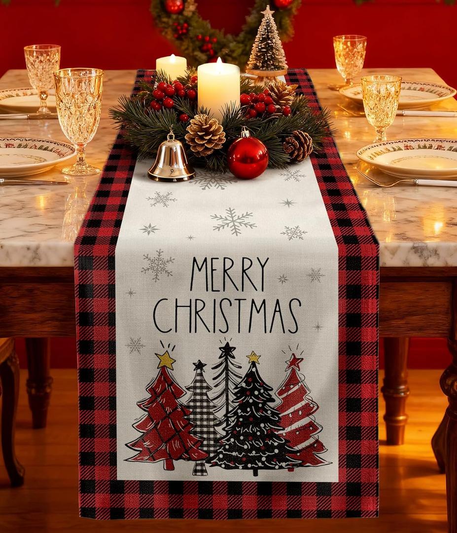 Xmas Tree Christmas Table Runner - 13x72 Buffalo Plaid Christmas Tree Table Runner with Snowflake Merry Xmas Decor, Vintage Farmhouse Rustic Winter Decoration for Home Kitchen Dinner Party