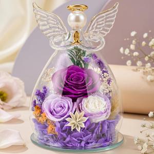 Preserved Rose in Glass Angel Figurine, for Mom/Wife/Grandma, Forever Flowers Rose Anniversary, Graduation or Birthday Gifts for Women Her