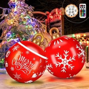 24 Inch Light Up Large Inflatable Christmas Ball Outdoor Decoration, Christmas Green Big Monster PVC Inflatable Xmas Blow up Ball Ornaments with Remote for Winter Holiday Party Garden Lawn Yard Porch