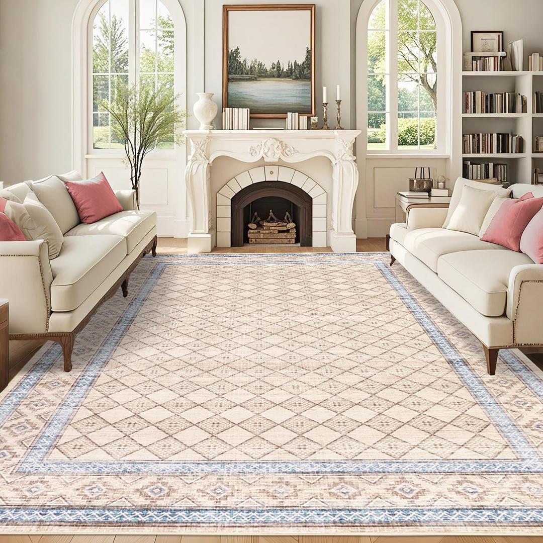 GarveeHome Large Dining Room Rugs 5X7 Bordered Accent Rugs with Non-Slip Backing, Stain-Resistant Vintage Floor Carpet, Washable Low Pile Indoor Mat for Living Room, Office, Beige