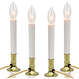 SUNSGNE Electric Window Candle Lamp with Golden Plated Base, Set of 4 Plug in Electric Candle Lights Christmas Window Candles with 7 Watt C26 Clear Light Bulbs, Turn On/Off, Ivory Color Cord