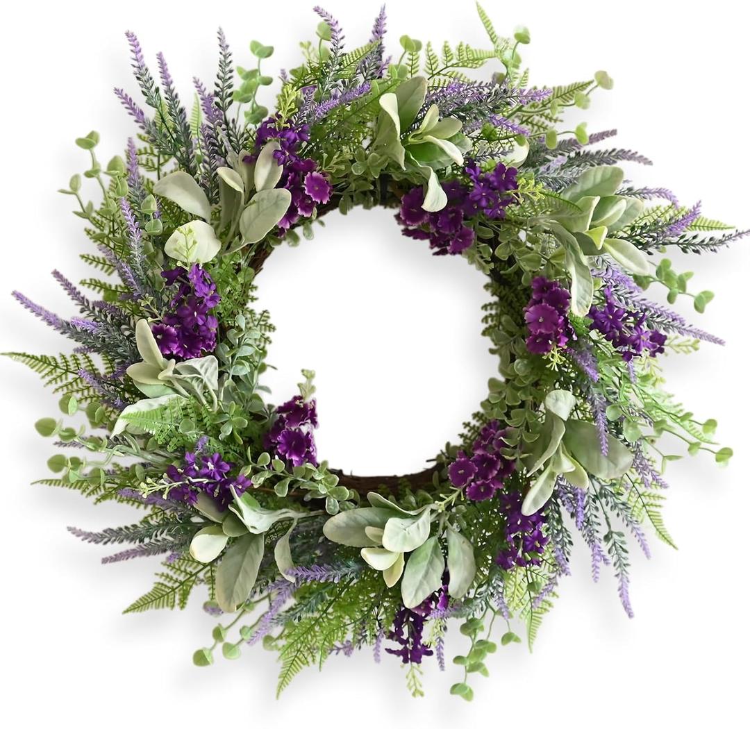 Purple Wildflower Spring Wreath for Front Door, 24 Inch Artificial Door Wreath with Green Leaves, All-Season Farmhouse Wreath for Easter Home Indoor Outdoor Porch Wall Decoration Housewarming Gift