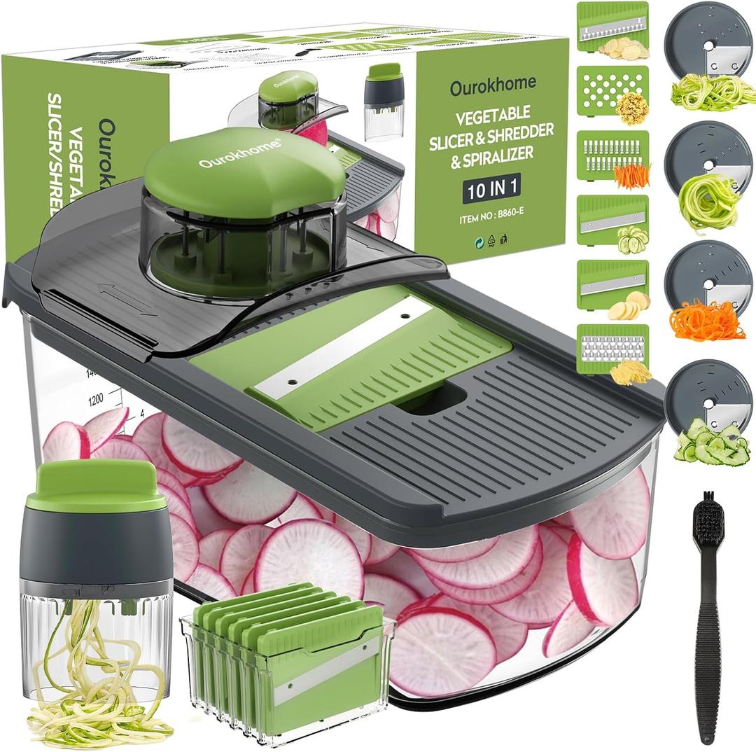 Ourokhome Mandolin Slicer with Handheld Spiralizer, Hand Safe Vegetable Shredder with 6 Mandoline Blades, Veggie Waffle Cutter for Potato, Carrot, Zucchini, Essential Kitchen Gadgets (10 in 1, Gray) (Green)