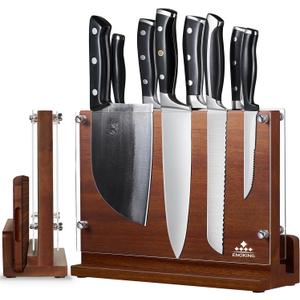 ENOKING Magnetic Knife Block with Acrylic Shield 12 x 9 Inches, Double Side Kitchen Knife Holder without Knives- Acacia Wood Universal Knife Storage Organizer with Powerful Magnet for Kitchen Counter