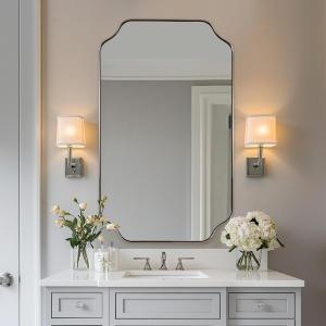 ANDY STAR 24x40 Inch Rectangle Bathroom Mirror, Brushed Nickel Scalloped Bathroom Mirror, Silver Bathroom Vanity Mirror, Unique Mirror in Rust-Proof Stainless Steel Frame (Horizontal/Vertical)