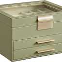 SONGMICS GISELLA Collection - Jewelry Box Organizer, 3-Layer Jewelry Storage with 2 Drawers, Shiny Metal Hardware, Glass Lid, Modern, 8 x 9.1 x 5.3 Inches, Avocado Green and Gold Color UJBC239C02