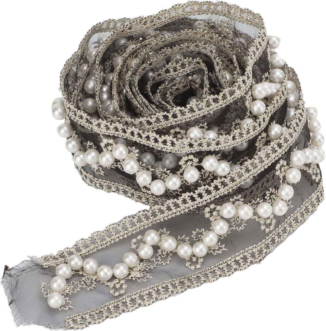 2 Yards Pearls Lace Ribbon, 3.5cm/1.4in Width Faux Pearl Lace Edge Trim Ribbon Soft Black Lace Fabric for Wedding DIY Sewing Gift Wrapping Decoration