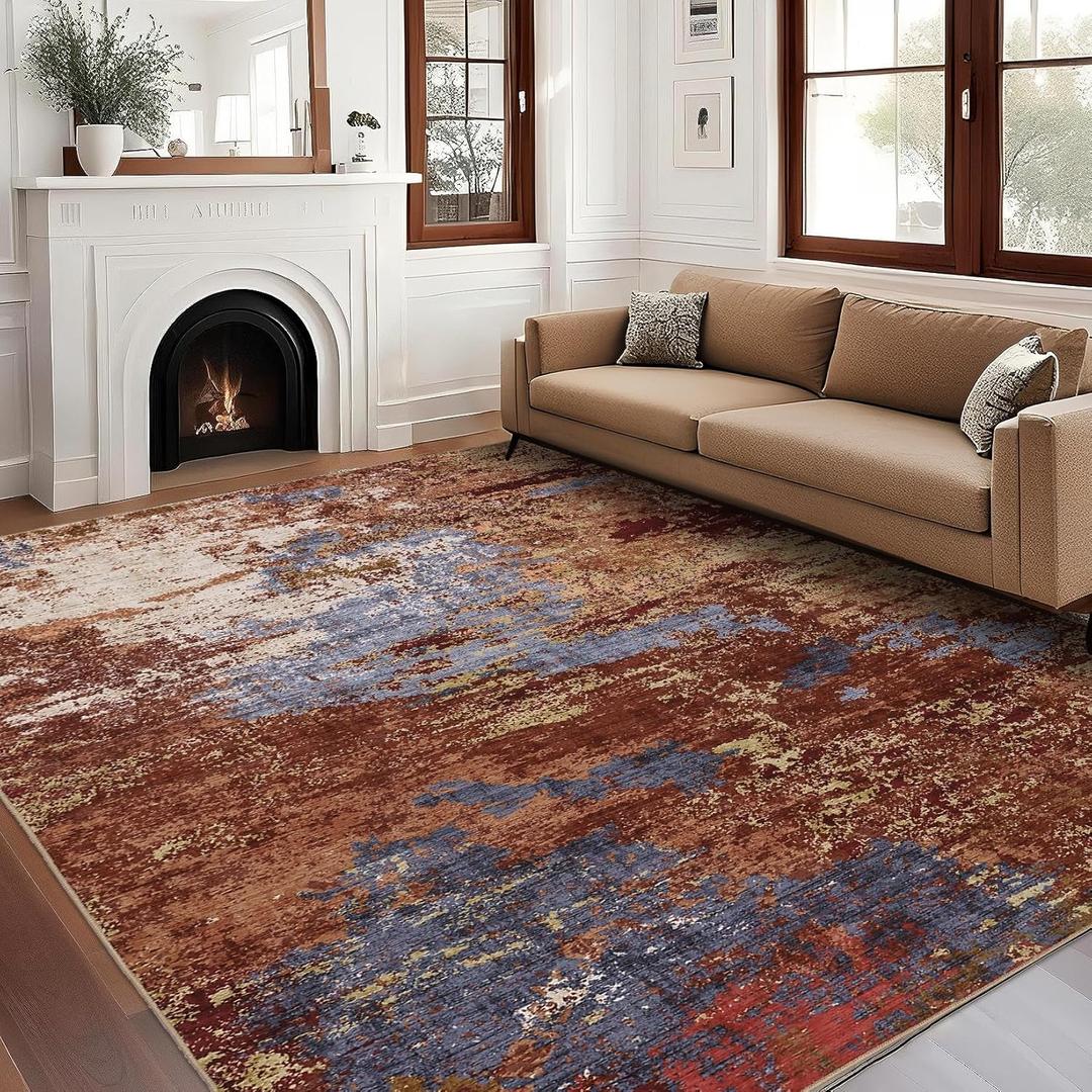 GarveeHome Washable Modern Area Rugs 5x7 Non-Shedding Contemporary Floor Mat, Abstract Low Pile Accent Carpet with Non-Slip Backing, Colorful Throw Rug for Bedroom, Living Room, Red (Fire/Sand)