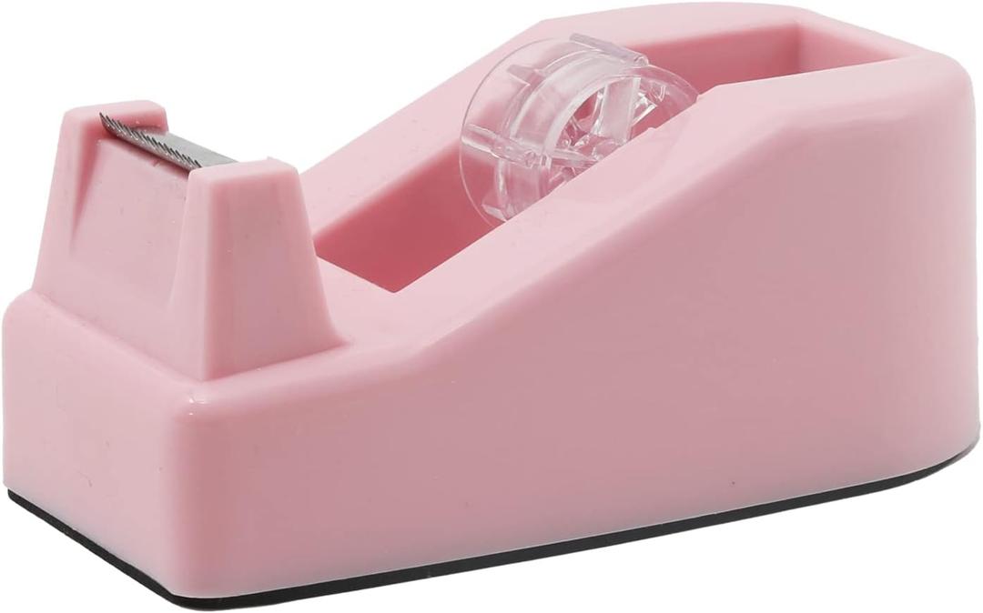 Desktop Tape Dispenser Heavy Duty Desk Accessories Floral Office Tape Dispensers, Weighted Non-Skid Base, Macaron Pink