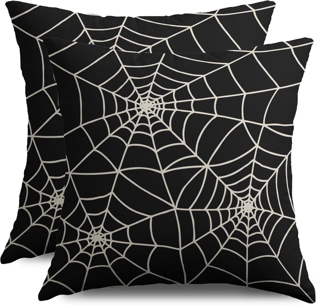 Halloween Spiderweb Pillow Covers 18X18 Set of 2, Black Cream Spider Web Throw Pillowcases Outdoor Holiday Theme Pillow Cases Farmhouse Cushion Cases Couch Sofa Bed Home Decor