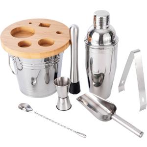 JNWINOG 8-Pcs Cocktail Shaker Set Bartender Kit | Bar Set Drink Mixer Set with Ice Bucket and All Bar Accessory Tools: Martini Shaker, Jigger, Strainer, Mixer Spoon, Muddler, Liquor Pourers |Silver