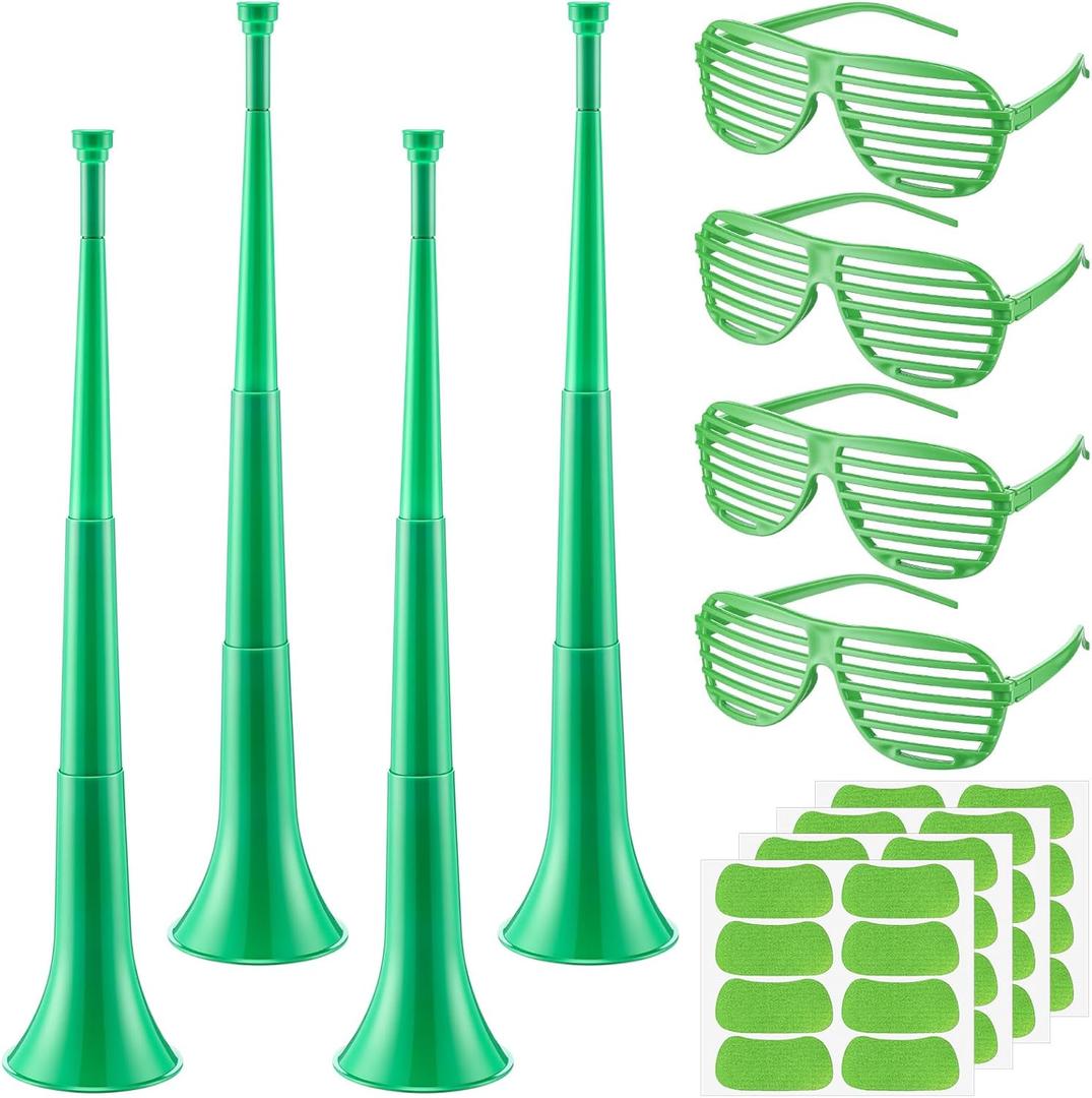 12 Pcs/4 Set Cheerleading Items with Stadium Horn Shutter Shaded Glasses Cheering Noise Maker for Soccer Football Events(Green)