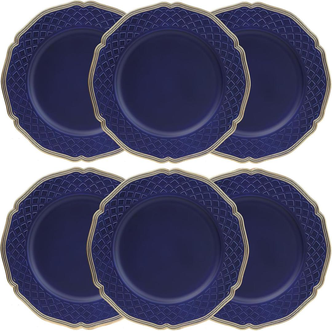 Royal Blue Charger Plates with Beaded Rims, Set of 6 Plastic Wedding Bulk Plate Charges for Dinner Plates, Table Decoration, Holiday, Thanksgiving, Christmas.
