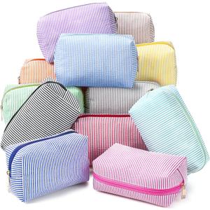 Sanwuta 12 Pcs Seersucker Cosmetic Bags Bulk Seersucker Makeup Bags Stripe Women Pouch Large Preppy Storage Pouch Toiletry Travel Organizer for Wedding Bridesmaid Bride Favor Mom Gift (Neutral)
