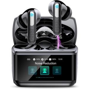 ZYHKON Wireless Earbuds with Touch Screen, Transparency Mode, IPX7 Earphones, Dark Black