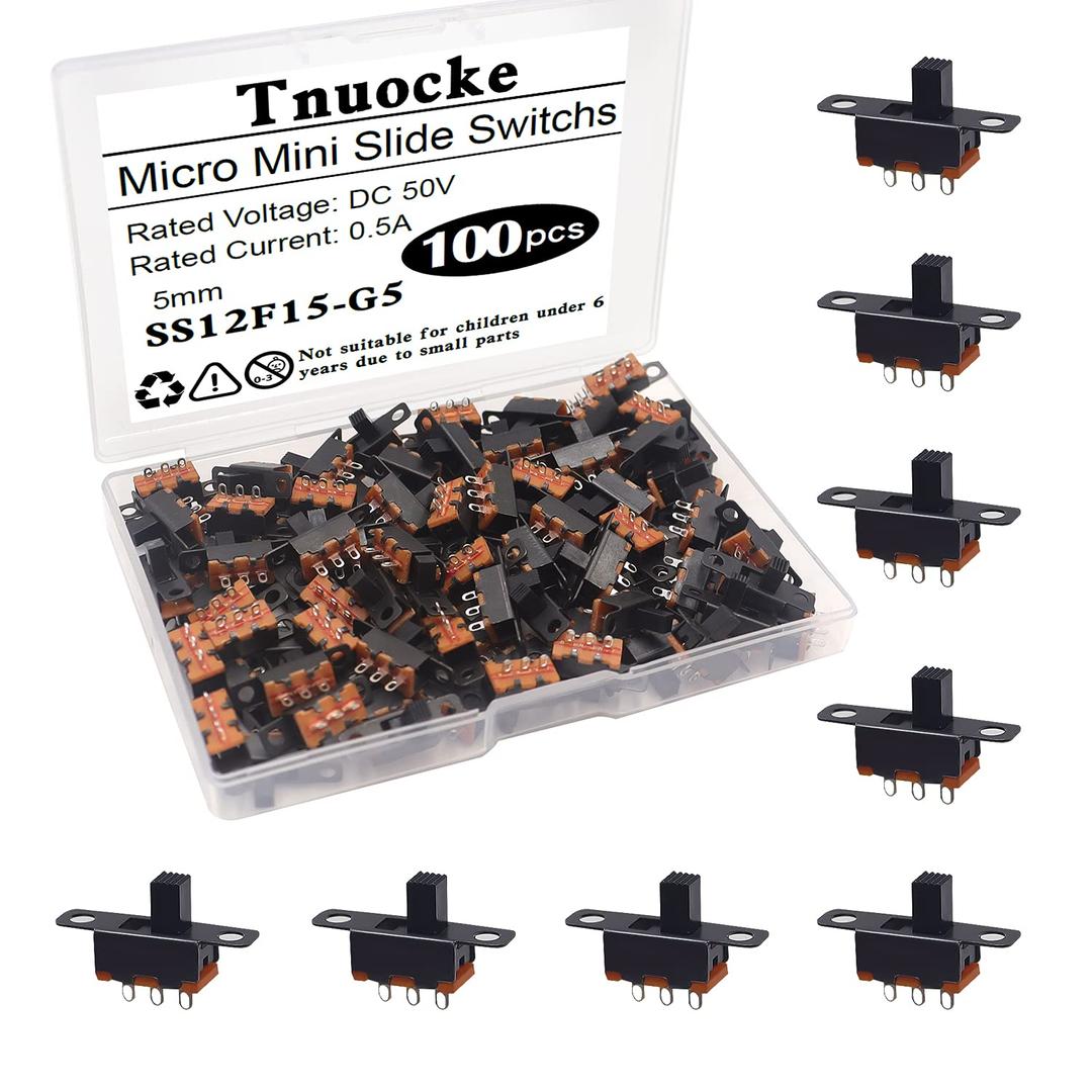 100PCS 5mm High Knob Vertical Micro Mini Slide Switchs,3 Pin 2 Position SPDT Latching Toggle Switches Panel Mount DC 50V 0.5A SS12F15-G5