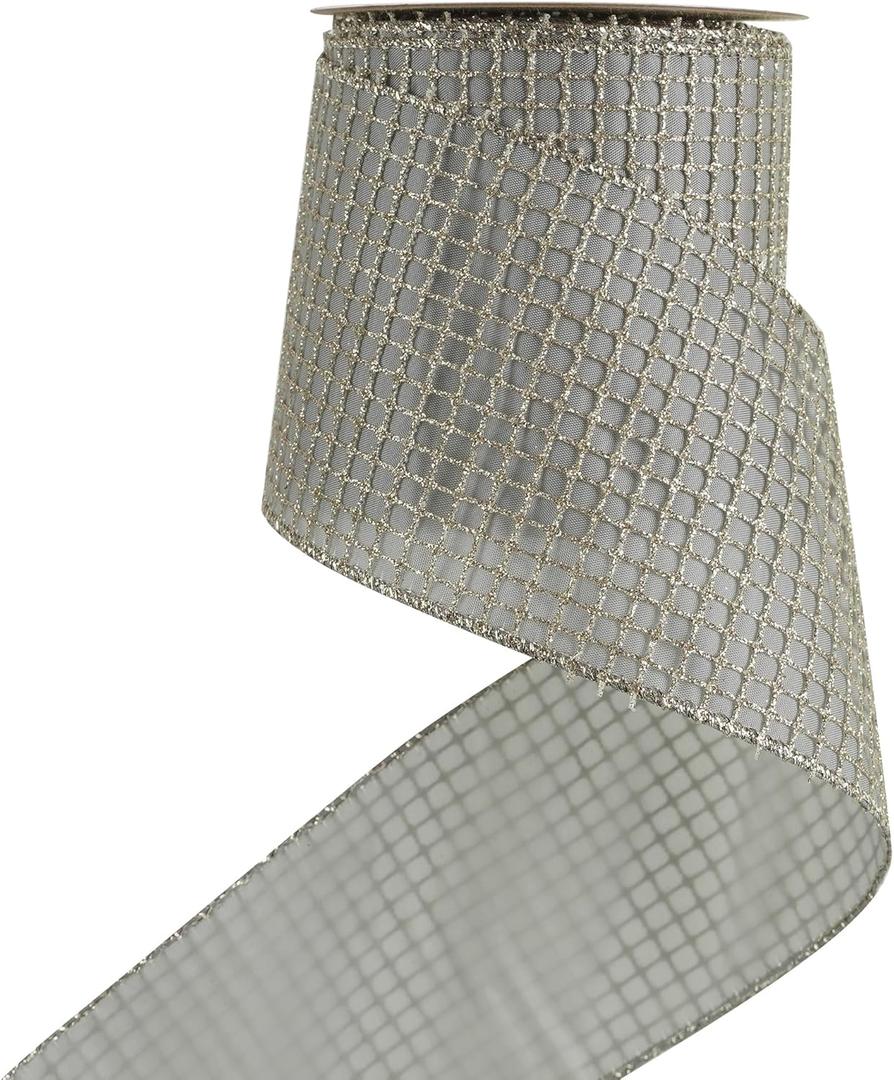 HUIHUANG Champagne Glitter Wired Ribbon 4 inch for Christmas Tree, Champagne and Blue Square Mesh Wired Ribbon for Large Bows, Garlands, Wreaths, Swag, Gift Wrapping, Home Decor- 10 Yards