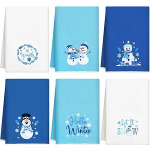 Geyoga 6 Pcs Christmas Hand Towels Snowman Embroidered Blue Rustic Bathroom Towels for Winter Xmas Bathroom Kitchen Farmhouse Decor Gifts, 13.8 x 23.6 Inch
