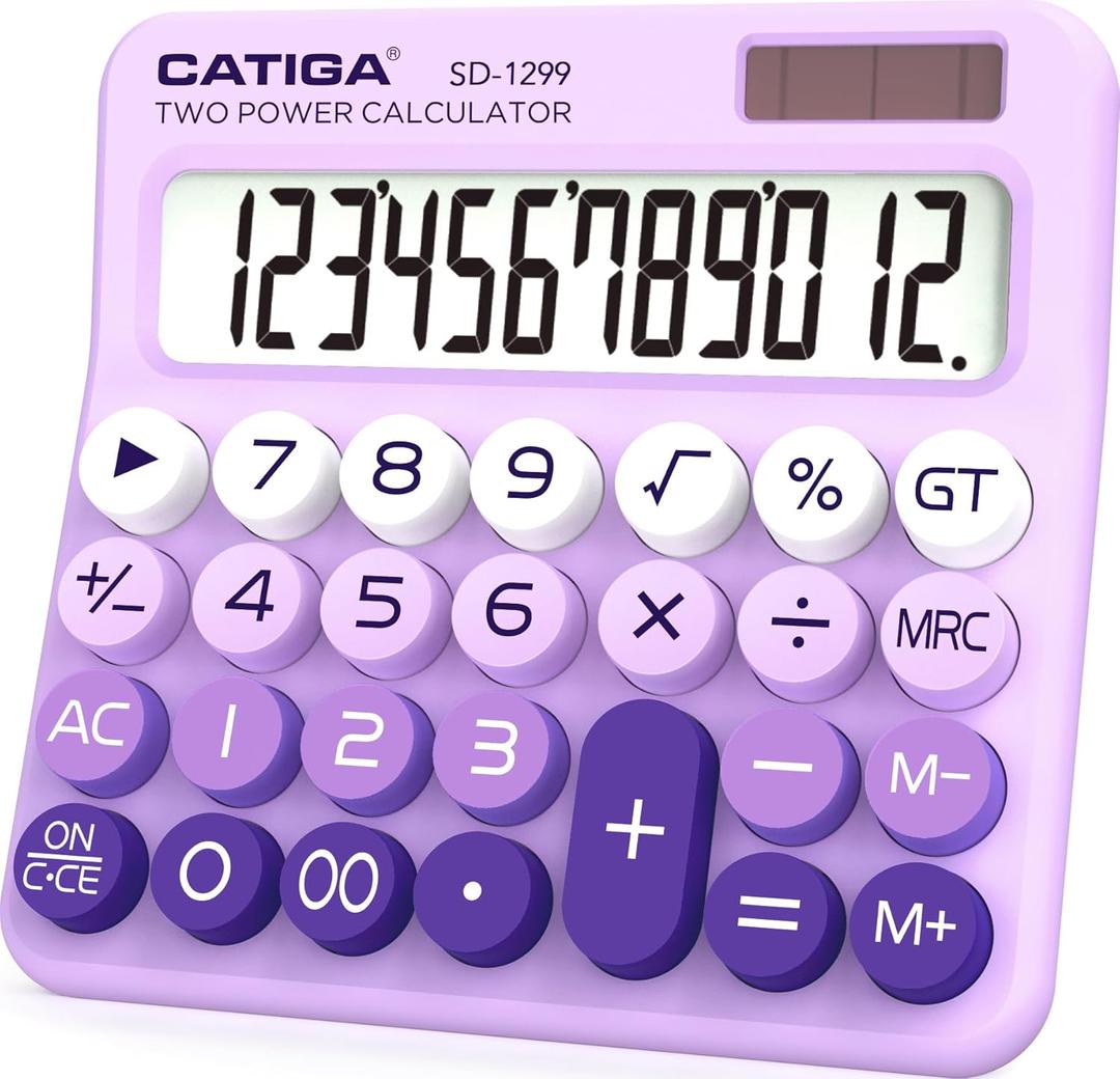 CATIGA Mechanical Switch Calculator with Solar and Battery Dual Power, 12-Digit Large LCD Display, Aesthetic and Cute Desktop Calculator with Big Button, for Home, School and Office Use, SD-1299 (Z) Lavender)